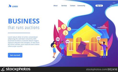 Property buying and selling. Auction house, exclusive bids here, consecutive biddings processing, business that runs auctions concept. Website homepage landing web page template.. Auction house concept landing page.