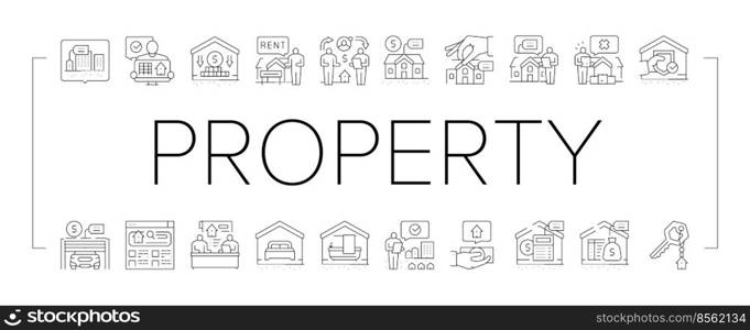 property estate home house real icons set vector. business building, mortgage loan, sale agent, buy rent, rental broker, construction property estate home house real black contour illustrations. property estate home house real icons set vector