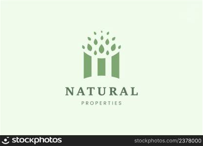 Property house logo with three buildings and leaves