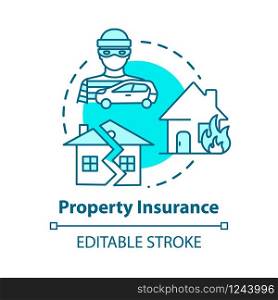Property insurance concept icon. House robbery. Crime, theft. Earthquake damage. Real estate idea thin line illustration. Vector isolated outline RGB color drawing. Editable stroke