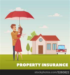 Property Insurance Design Concept. Property insurance design concept with young family couple under umbrella on background of house and car flat vector illustration