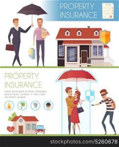 Property Insurance Horizontal Banners. Property insurance horizontal banners with people under umbrella as symbol protection from life problems flat vector illustration