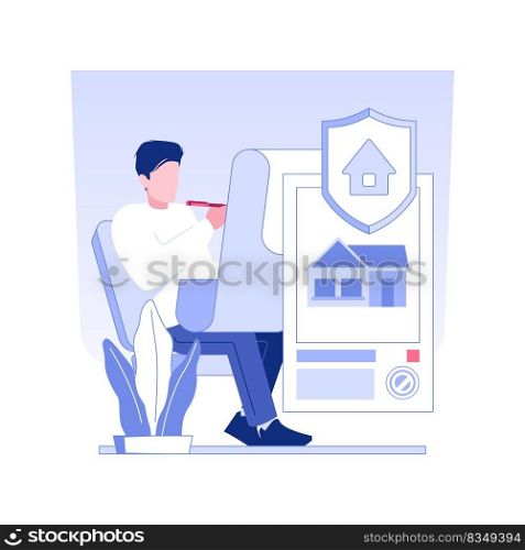Property insurance isolated concept vector illustration. Customer writing real estate insurance contract with broker, business industry and services, property protection idea vector concept.. Property insurance isolated concept vector illustration.