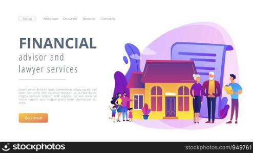 Property insurance, testament signing, house buying. Retirement estate planning, inheritance planning, financial advisor and lawyer services concept. Website homepage landing web page template.. Retirement estate planning concept landing page.