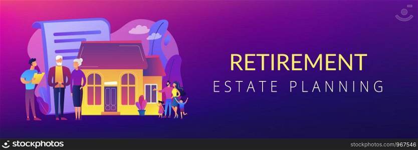 Property insurance, testament signing, house buying. Retirement estate planning, inheritance planning, financial advisor and lawyer services concept. Header or footer banner template with copy space.. Retirement estate planning concept banner header.