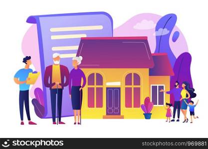 Property insurance, testament signing, house buying. Retirement estate planning, inheritance planning, financial advisor and lawyer services concept. Bright vibrant violet vector isolated illustration. Retirement estate planning concept vector illustration.