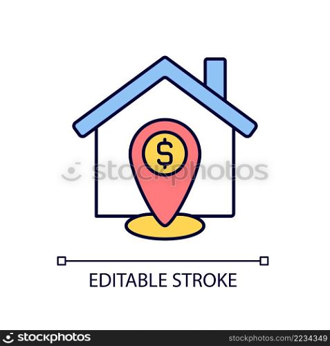 Property location estimation RGB color icon. Real estate assessment. Infrastructure and view. Property sale. Isolated vector illustration. Simple filled line drawing. Editable stroke. Arial font used. Property location estimation RGB color icon