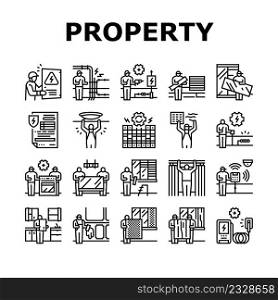 Property Maintenance And Repair Icons Set Vector. Property Furniture Fixing And Electronic Appliance Installation, Kitchen Refurbishment, Windscreen Repairing Replacement Black Contour Illustrations. Property Maintenance And Repair Icons Set Vector