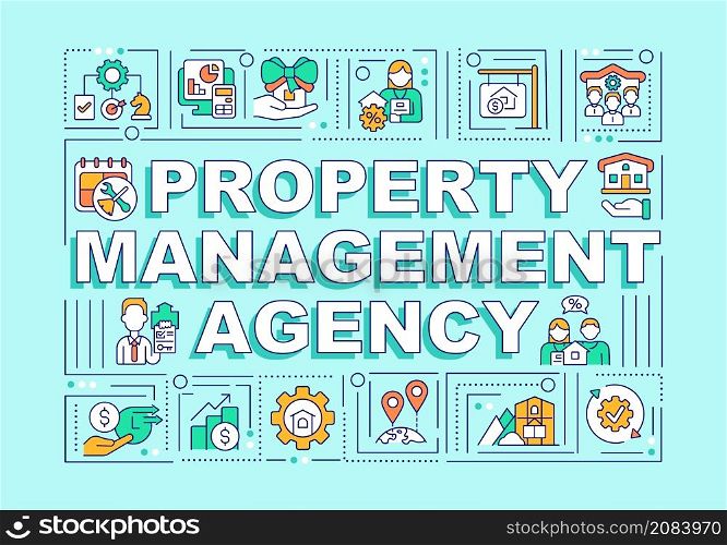 Property management agency word concepts green banner. Real estate. Infographics with linear icons on background. Isolated typography. Vector color illustration with text. Arial-Black font used. Property management agency word concepts green banner