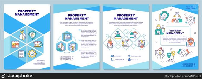 Property management blue brochure template. Real estate. Booklet print design with linear icons. Vector layouts for presentation, annual reports, ads. Arial-Black, Myriad Pro-Regular fonts used. Property management blue brochure template