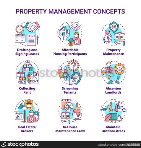 Property management concept icons set. Professional service. Operation with real estate idea thin line color illustrations. Isolated outline drawings. Roboto-Medium, Myriad Pro-Bold fonts used. Property management concept icons set