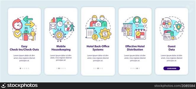 Property management systems in hotels onboarding mobile app screen. Tech walkthrough 5 steps graphic instructions pages with linear concepts. UI, UX, GUI template. Myriad Pro-Bold, Regular fonts used. Property management systems in hotels onboarding mobile app screen