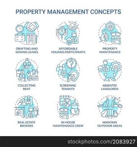 Property management turquoise concept icons set. Agency service. Operation with real estate idea thin line color illustrations. Isolated outline drawings. Roboto-Medium, Myriad Pro-Bold fonts used. Property management turquoise concept icons set
