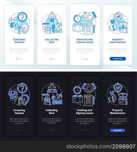 Property manager night and day mode onboarding mobile app screen. Works walkthrough 4 steps graphic instructions pages with linear concepts. UI, UX, GUI template. Myriad Pro-Bold, Regular fonts used. Property manager night and day mode onboarding mobile app screen