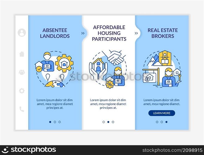 Property managers customers blue and white onboarding template. Real estate. Responsive mobile website with linear concept icons. Web page walkthrough 3 step screens. Lato-Bold, Regular fonts used. Property managers customers blue and white onboarding template