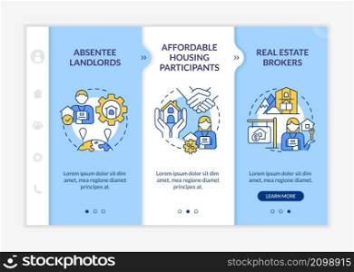 Property managers customers blue and white onboarding template. Real estate. Responsive mobile website with linear concept icons. Web page walkthrough 3 step screens. Lato-Bold, Regular fonts used. Property managers customers blue and white onboarding template
