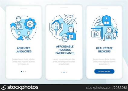 Property managers customers blue onboarding mobile app screen. Realty walkthrough 3 steps graphic instructions pages with linear concepts. UI, UX, GUI template. Myriad Pro-Bold, Regular fonts used. Property managers customers blue onboarding mobile app screen