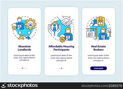 Property managers customers onboarding mobile app screen. Real estate walkthrough 3 steps graphic instructions pages with linear concepts. UI, UX, GUI template. Myriad Pro-Bold, Regular fonts used. Property managers customers onboarding mobile app screen