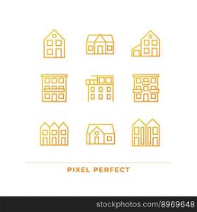 Property purchase pixel perfect gradient linear vector icons set. Real estate agency. Apartments. Luxury property. Thin line contour symbol designs bundle. Isolated outline illustrations collection. Property purchase pixel perfect gradient linear vector icons set