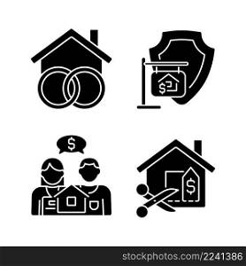 Property purchasing legal features black glyph icons set on white space. Community realty. House price negotiation. Silhouette symbols. Solid pictogram pack. Vector isolated illustration. Property purchasing legal features black glyph icons set on white space