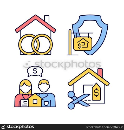 Property purchasing legal features RGB color icons set. Community realty. House price negotiation. Isolated vector illustrations. Simple filled line drawings collection. Editable stroke. Property purchasing legal features RGB color icons set