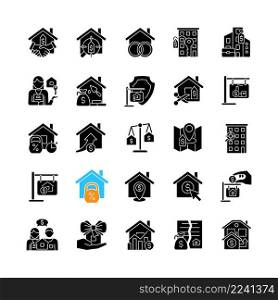 Property sale black glyph icons set on white space. Real estate market. House purchase. Home mortgage. Silhouette symbols. Solid pictogram pack. Vector isolated illustration. Quicksand-Light font used. Property sale black glyph icons set on white space