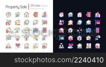 Property sale light and dark theme color icons set. Real estate market. House purchase. Simple filled line drawings. Bright cliparts on white and black. Editable stroke. Quicksand-Light font used. Property sale light and dark theme color icons set