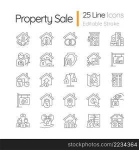 Property sale linear icons set. Real estate market. House purchase. Home mortgage. Customizable thin line symbols. Isolated vector outline illustrations. Editable stroke. Quicksand-Light font used. Property sale linear icons set