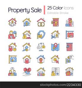 Property sale RGB color icons set. Real estate market. House purchase. Home mortgage. Isolated vector illustrations. Simple filled line drawings collection. Editable stroke. Quicksand-Light font used. Property sale RGB color icons set