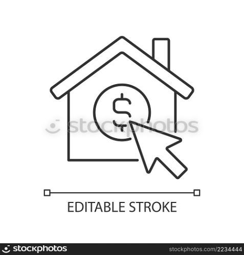 Property search website linear icon. Internet platform for real estate seeking. Property information. Thin line illustration. Contour symbol. Vector outline drawing. Editable stroke. Arial font used. Property search website linear icon
