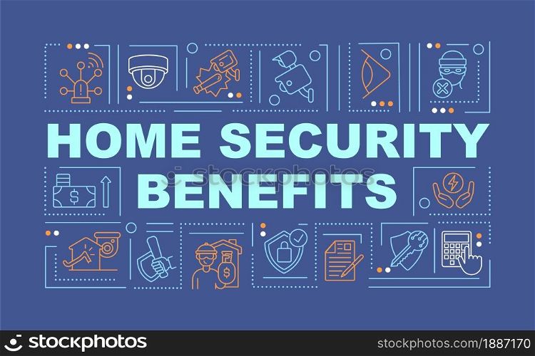 Property security benefits word concepts banner. Protect home and family. Infographics with linear icons on blue background. Isolated creative typography. Vector outline color illustration with text. Property security benefits word concepts banner
