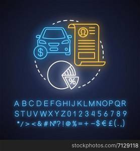 Property taxes neon light concept icon. Calculating tax on value of possessions idea. Real estate, automobile taxation. Glowing sign with alphabet, numbers and symbols. Vector isolated illustration