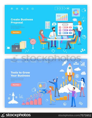 Proposal and tools to grow business online webpage vector. Graphics, rocket start and money, economic development website template, landing page flat style. Landing page in flat. Proposal and Tools to Grow Business Online Page