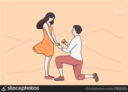 Proposal, engagement, dating concept. Man sitting on knee holding box with ring and making proposal to beloved woman on natural landscape outdoors vector illustration . Proposal, engagement, dating concept