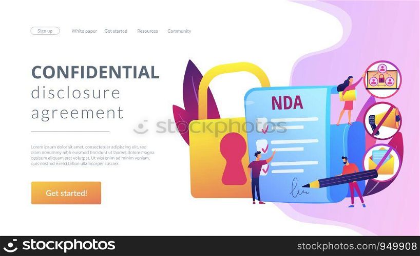 Proprietary information document. NDA contract. Nondisclosure agreement, confidentiality agreement form, confidential disclosure agreement concept. Website homepage landing web page template.. Nondisclosure agreement concept landing page