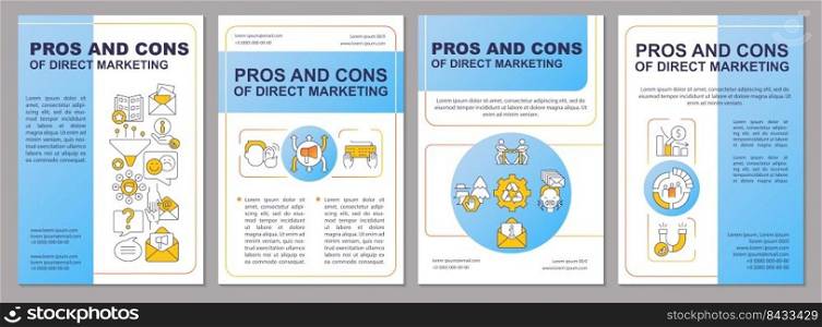 Pros and cons of direct marketing blue brochure template. Leaflet design with linear icons. Editable 4 vector layouts for presentation, annual reports. Arial, Myriad Pro-Regular fonts used. Pros and cons of direct marketing blue brochure template