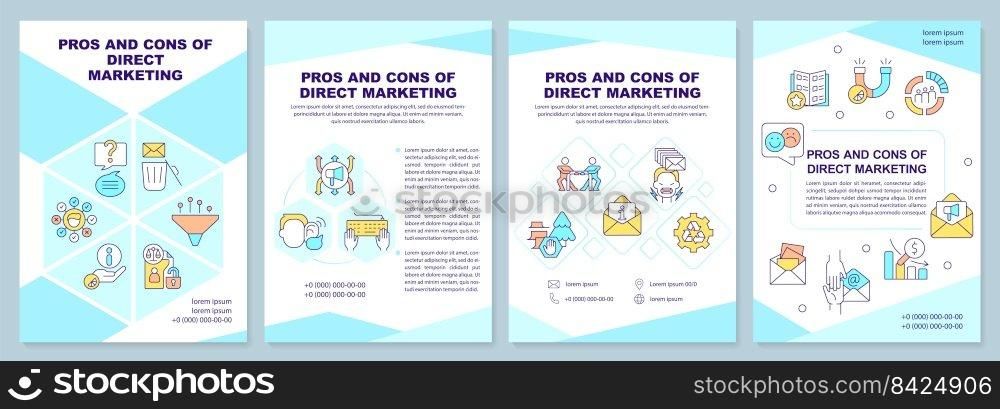 Pros and cons of direct marketing turquoise brochure template. Leaflet design with linear icons. Editable 4 vector layouts for presentation, annual reports. Arial-Black, Myriad Pro-Regular fonts used. Pros and cons of direct marketing turquoise brochure template