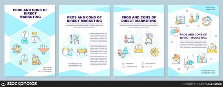 Pros and cons of direct marketing turquoise brochure template. Leaflet design with linear icons. Editable 4 vector layouts for presentation, annual reports. Arial-Black, Myriad Pro-Regular fonts used. Pros and cons of direct marketing turquoise brochure template