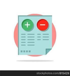 Pros, Cons, Document, Plus, Minus Abstract Circle Background Flat color Icon