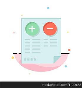 Pros, Cons, Document, Plus, Minus Abstract Flat Color Icon Template