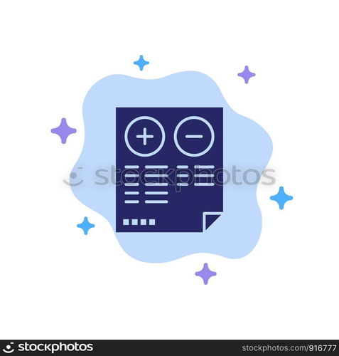 Pros, Cons, Document, Plus, Minus Blue Icon on Abstract Cloud Background