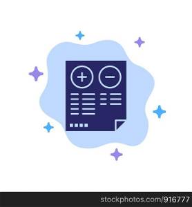 Pros, Cons, Document, Plus, Minus Blue Icon on Abstract Cloud Background