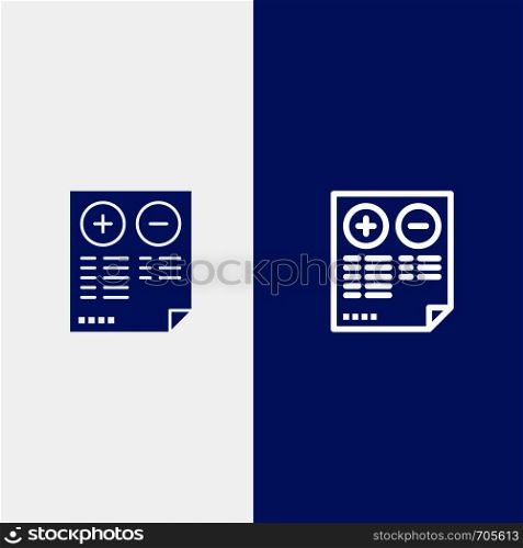 Pros, Cons, Document, Plus, Minus Line and Glyph Solid icon Blue banner