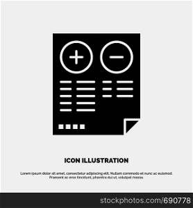 Pros, Cons, Document, Plus, Minus Solid Black Glyph Icon