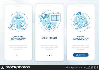 Pros of laser eye surgery blue onboarding mobile app page screen. Vision surgery walkthrough 3 steps graphic instructions with concepts. UI, UX, GUI vector template with linear color illustrations. Pros of laser eye surgery blue onboarding mobile app page screen