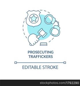 Prosecuting smugglers blue concept icon. Law against human trade crimes abstract idea thin line illustration. Smuggler under custody. Vector isolated outline color drawing. Editable stroke. Prosecuting smugglers blue concept icon