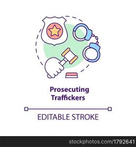 Prosecuting traffickers concept icon. Human traffic crime investigation abstract idea thin line illustration. Trafficker under custody. Vector isolated outline color drawing. Editable stroke. Prosecuting traffickers concept icon