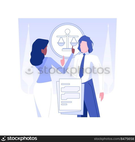 Prosecution of cases in courts isolated concept vector illustration. Companys lawyer argues with prosecutor in the courtroom, corporate business structure, company departments vector concept.. Prosecution of cases in courts isolated concept vector illustration.
