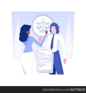 Prosecution of cases in courts isolated concept vector illustration. Companys lawyer argues with prosecutor in the courtroom, corporate business structure, company departments vector concept.. Prosecution of cases in courts isolated concept vector illustration.