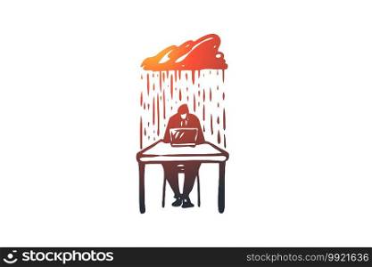 Prospect, no, worry, busy, dilemma concept. Hand drawn businessman under rain of problems concept sketch. Isolated vector illustration.. Prospect, no, worry, busy, dilemma concept. Hand drawn isolated vector.